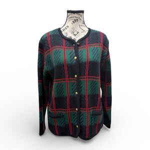 Vintage Plaid Sweater Cardigan with pockets Gold Buttons